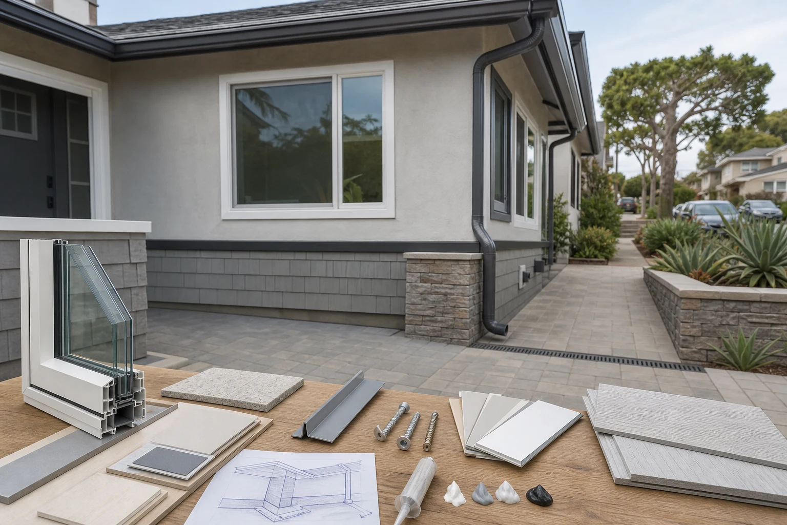 Del Mar coastal remodel materials coordinated with window, wall and roof drainage interfaces