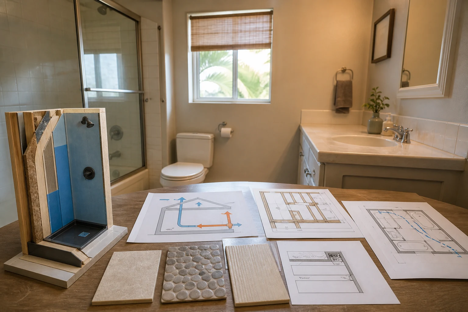 Escondido bathroom plan coordinating waterproofing, ventilation, drainage and safe movement