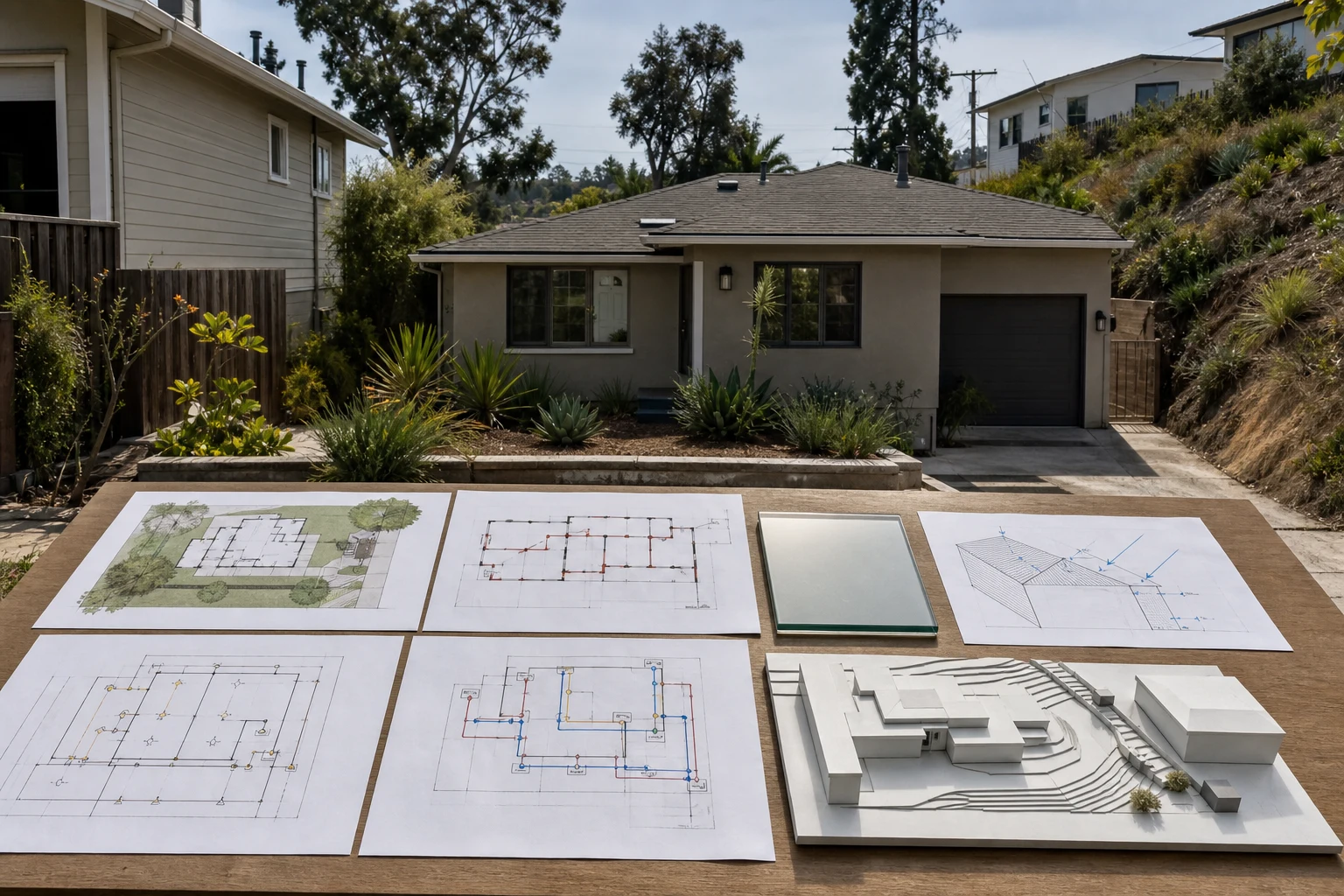 La Jolla whole-home remodel plans coordinating site, structure, glazing, drainage and utilities